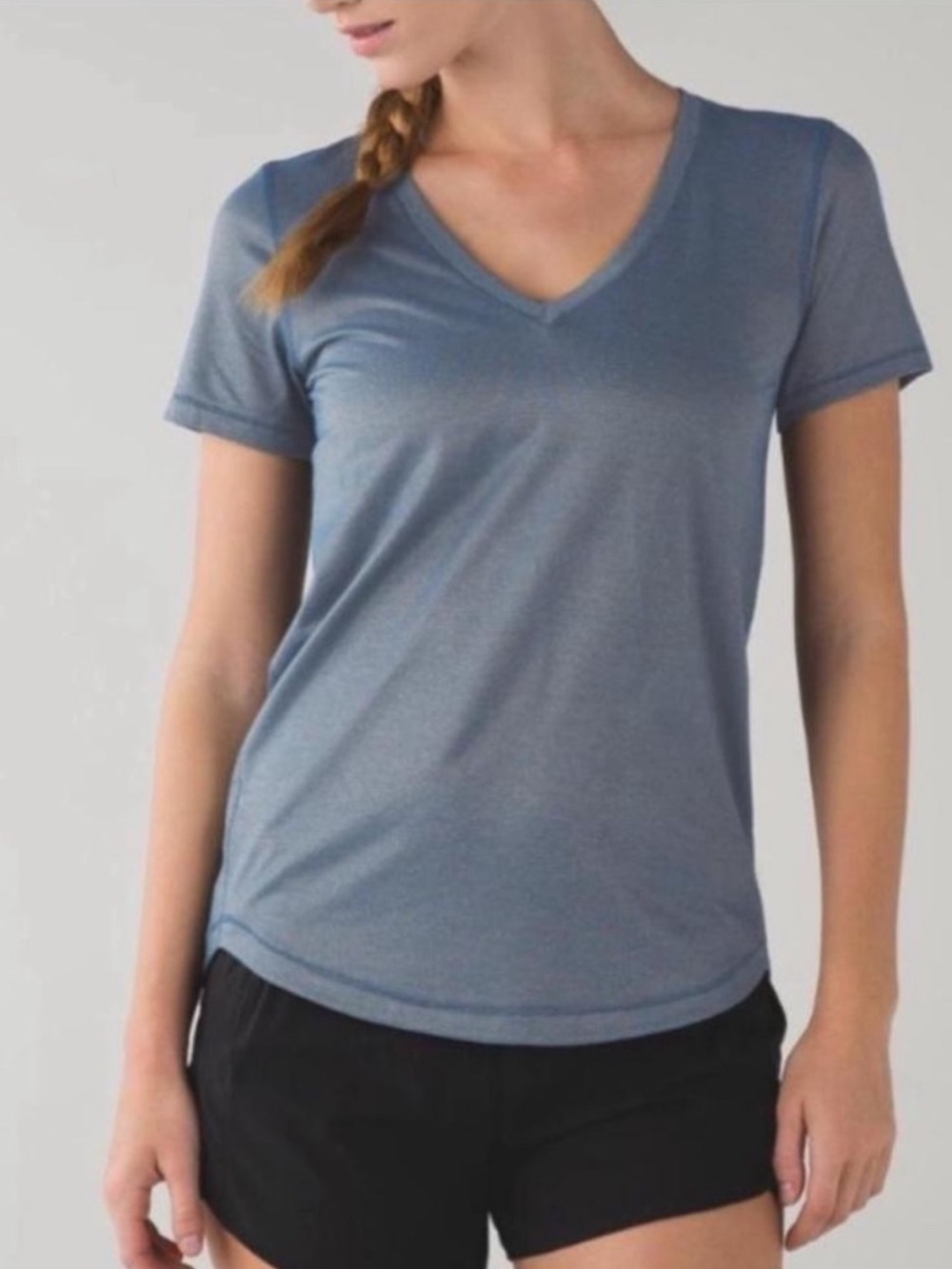 Lululemon What the Sport Tee In Heathered Poseidon Blue and Gold Athletic 6
